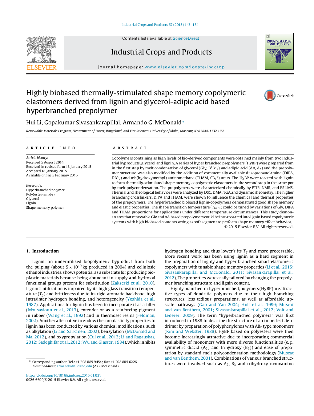 Highly biobased thermally-stimulated shape memory copolymeric elastomers derived from lignin and glycerol-adipic acid based hyperbranched prepolymer