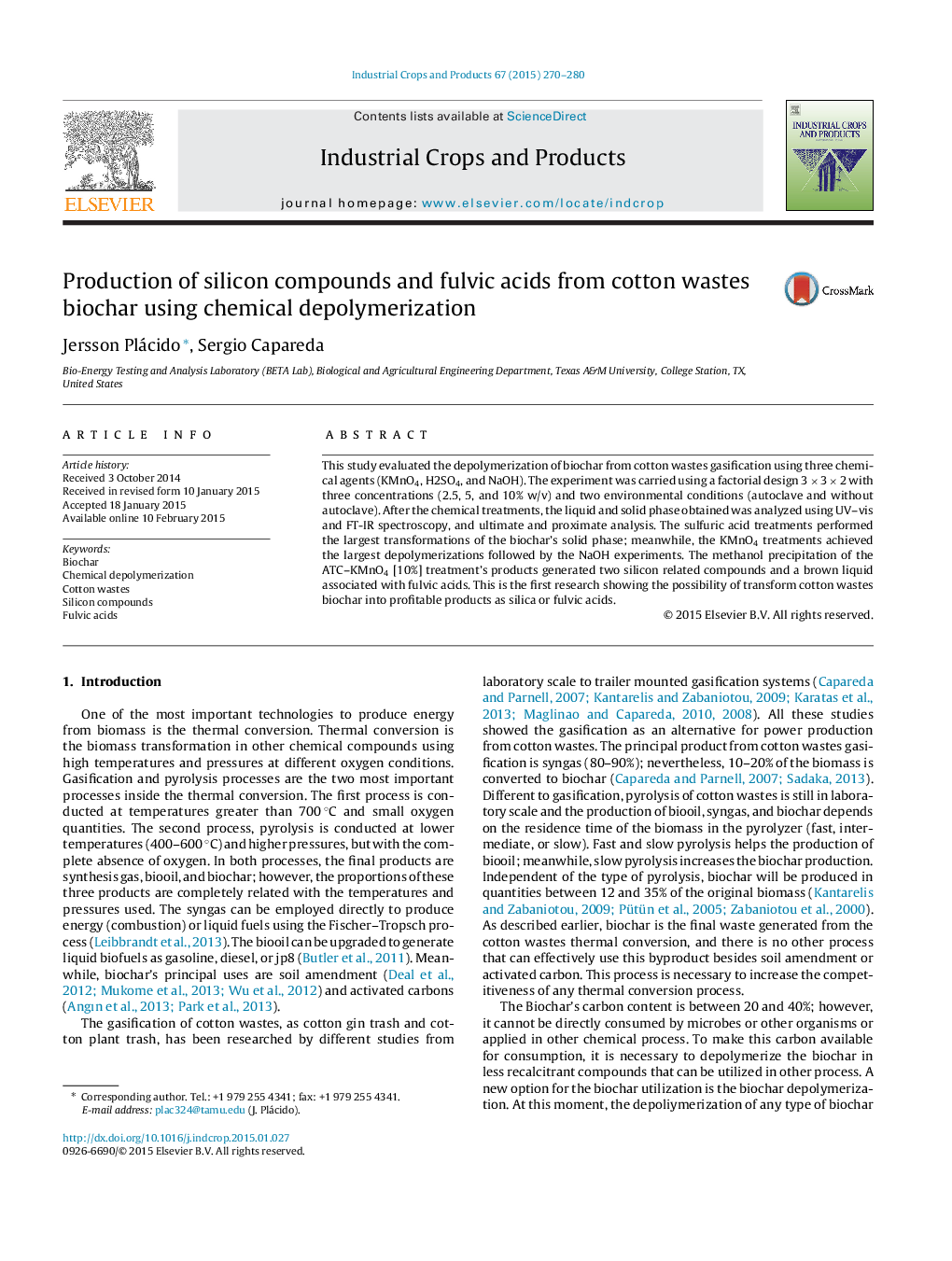 Production of silicon compounds and fulvic acids from cotton wastes biochar using chemical depolymerization