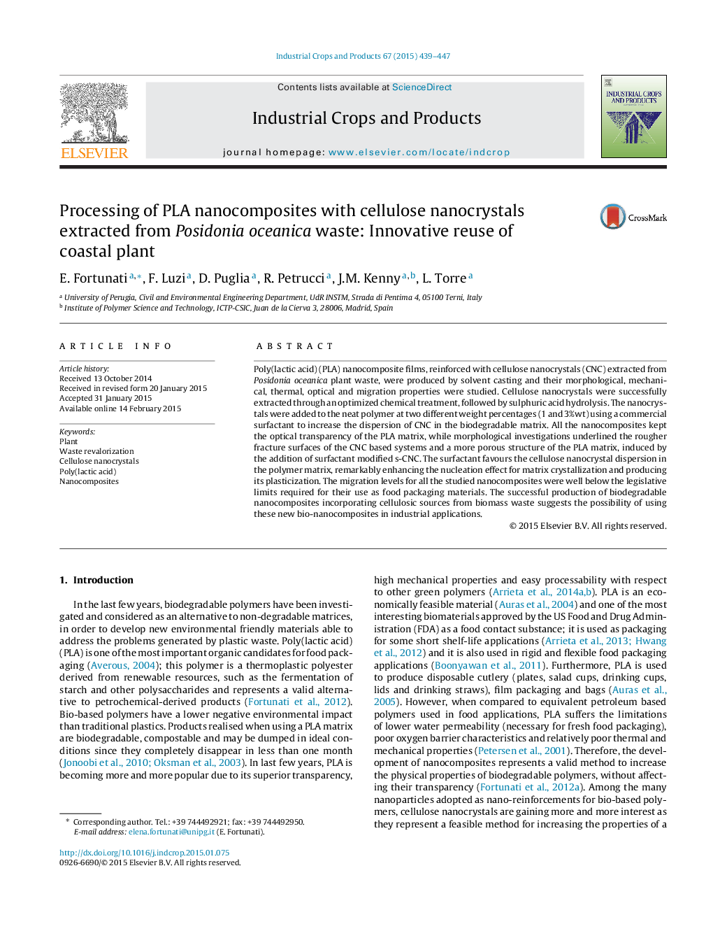 Processing of PLA nanocomposites with cellulose nanocrystals extracted from Posidonia oceanica waste: Innovative reuse of coastal plant