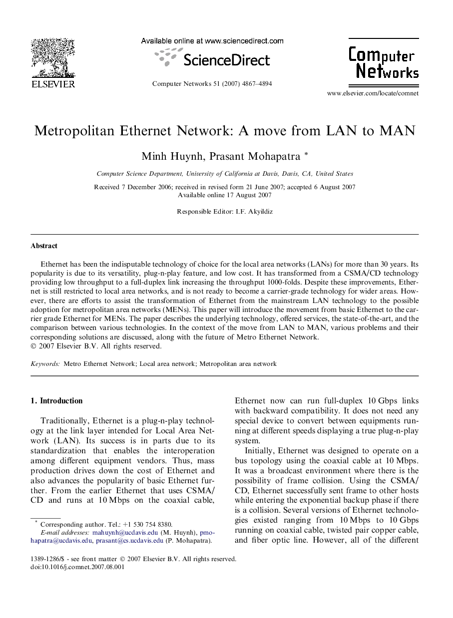 Metropolitan Ethernet Network: A move from LAN to MAN