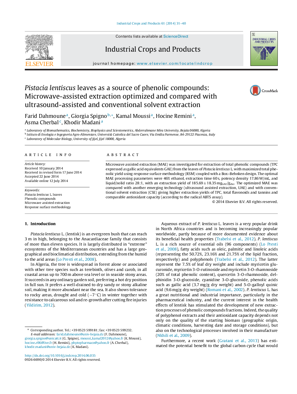 برگ پیستا لنتیوسک به عنوان منبع ترکیبات فنلی: استخراج کمک مایکروویو بهینه سازی شده و با استفاده از استخراج حلال با استفاده از سونوگرافی و متعارف مقایسه شده 
