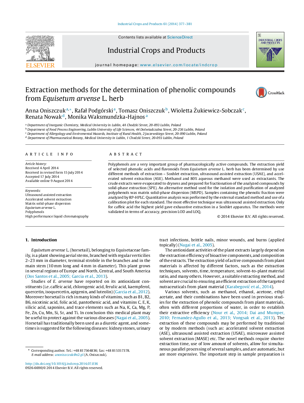 Extraction methods for the determination of phenolic compounds from Equisetum arvense L. herb