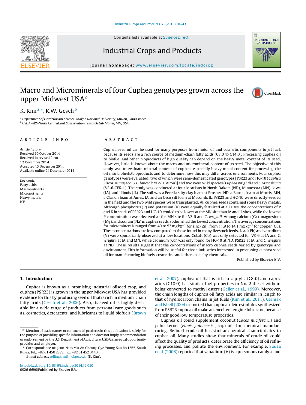 Macro and Microminerals of four Cuphea genotypes grown across the upper Midwest USA 