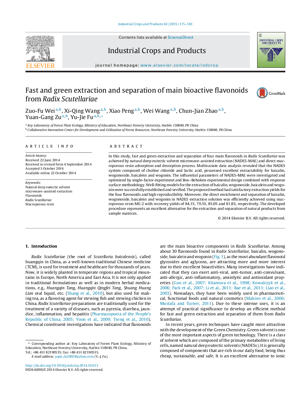 Fast and green extraction and separation of main bioactive flavonoids from Radix Scutellariae