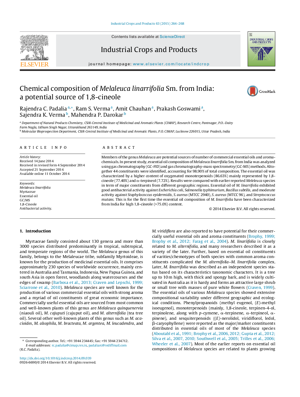 Chemical composition of Melaleuca linarrifolia Sm. from India: a potential source of 1,8-cineole