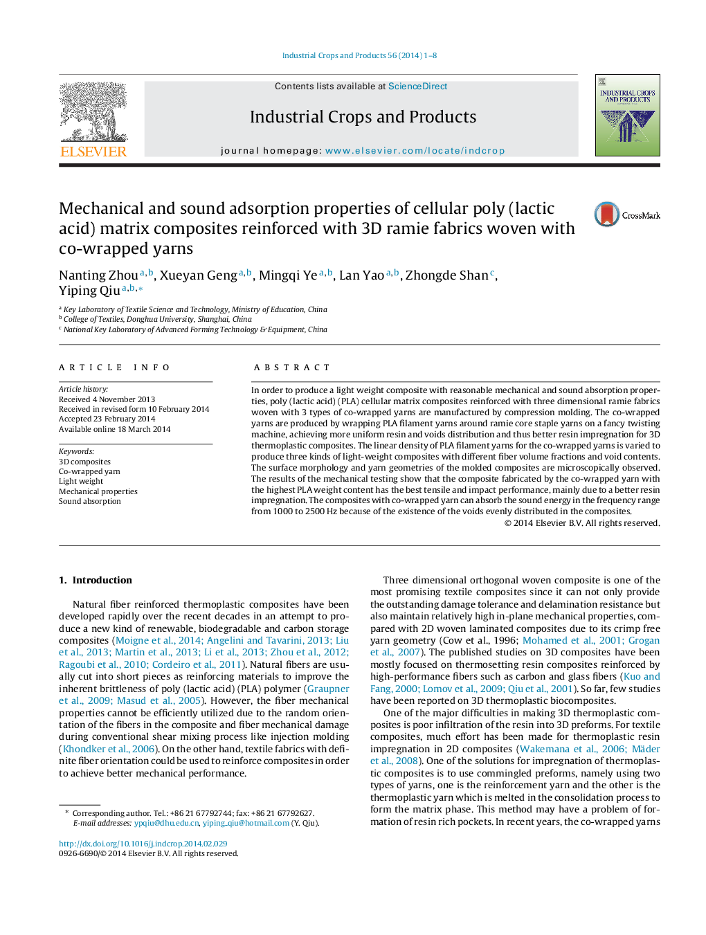 Mechanical and sound adsorption properties of cellular poly (lactic acid) matrix composites reinforced with 3D ramie fabrics woven with co-wrapped yarns