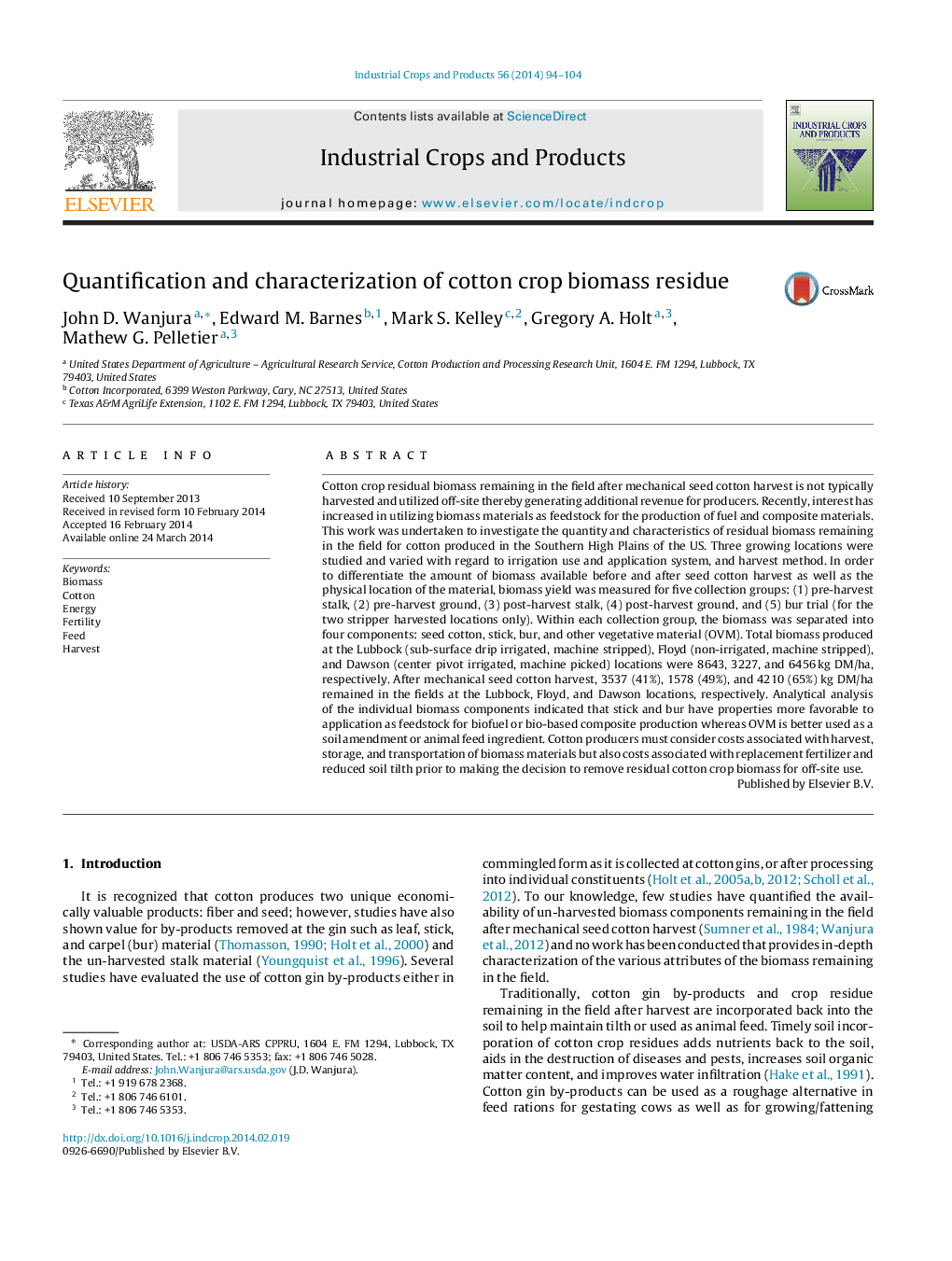 Quantification and characterization of cotton crop biomass residue