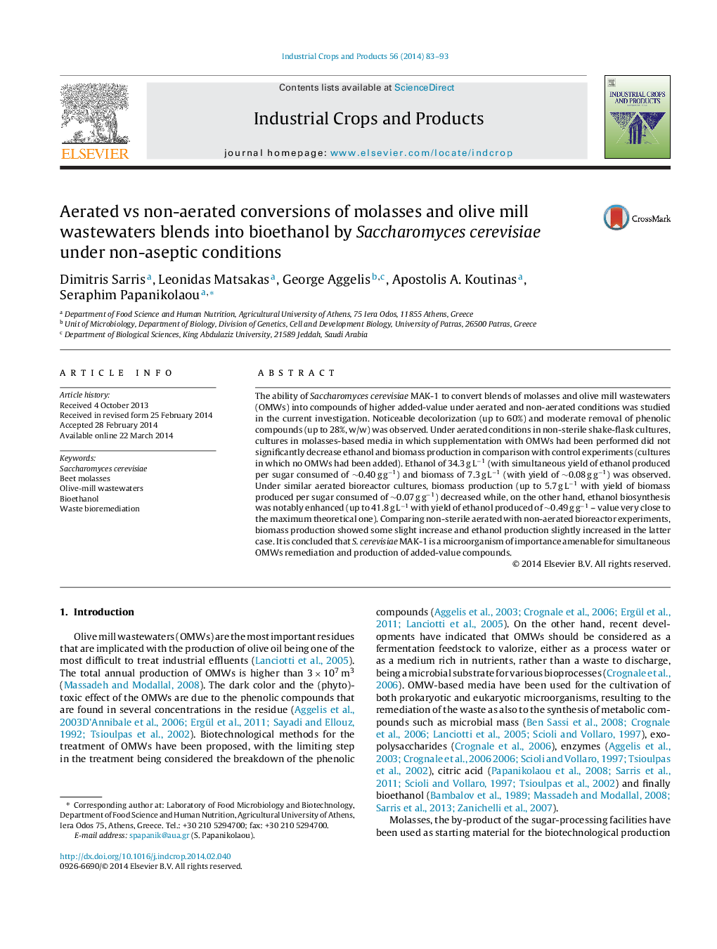 Aerated vs non-aerated conversions of molasses and olive mill wastewaters blends into bioethanol by Saccharomyces cerevisiae under non-aseptic conditions