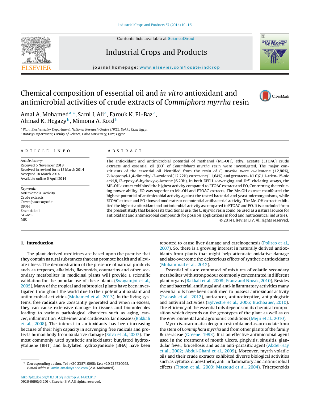 Chemical composition of essential oil and in vitro antioxidant and antimicrobial activities of crude extracts of Commiphora myrrha resin