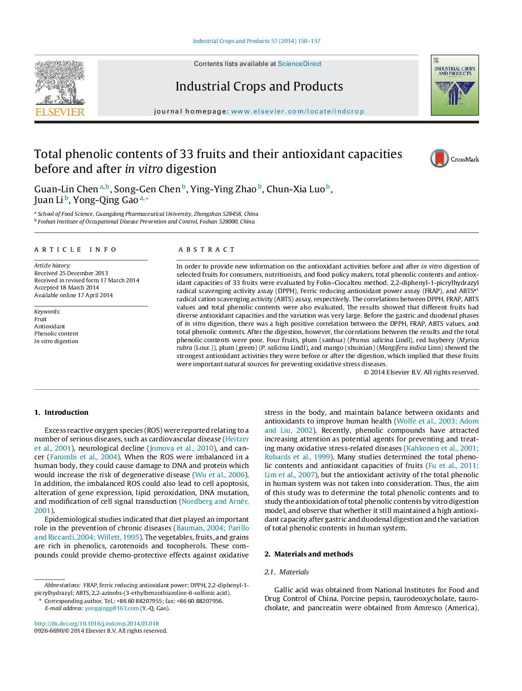 Total phenolic contents of 33 fruits and their antioxidant capacities before and after in vitro digestion