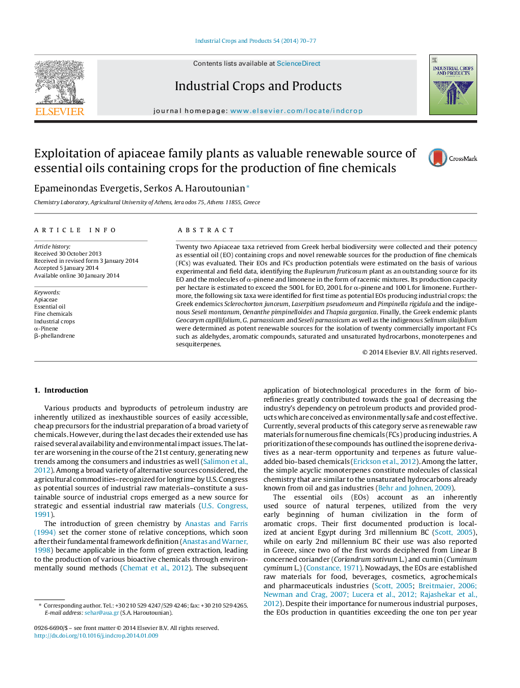 Exploitation of apiaceae family plants as valuable renewable source of essential oils containing crops for the production of fine chemicals