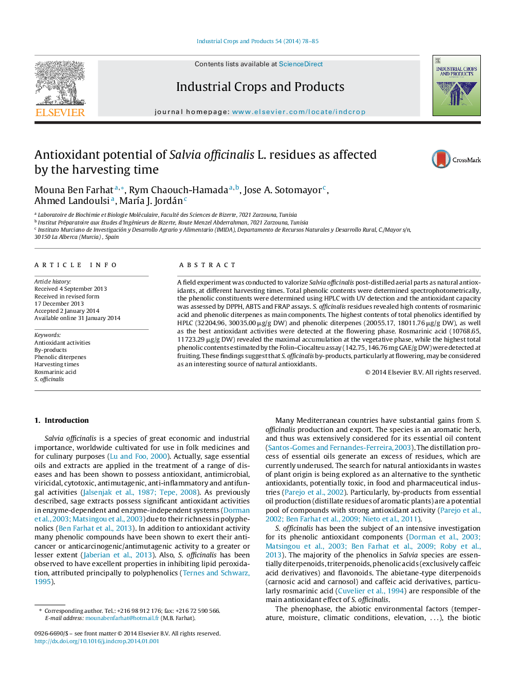 Antioxidant potential of Salvia officinalis L. residues as affected by the harvesting time