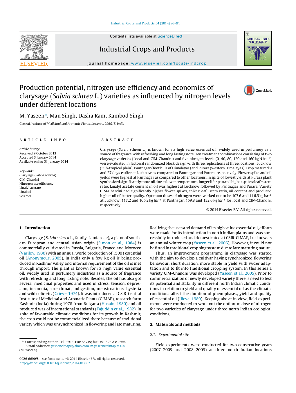 Production potential, nitrogen use efficiency and economics of clarysage (Salvia sclarea L.) varieties as influenced by nitrogen levels under different locations