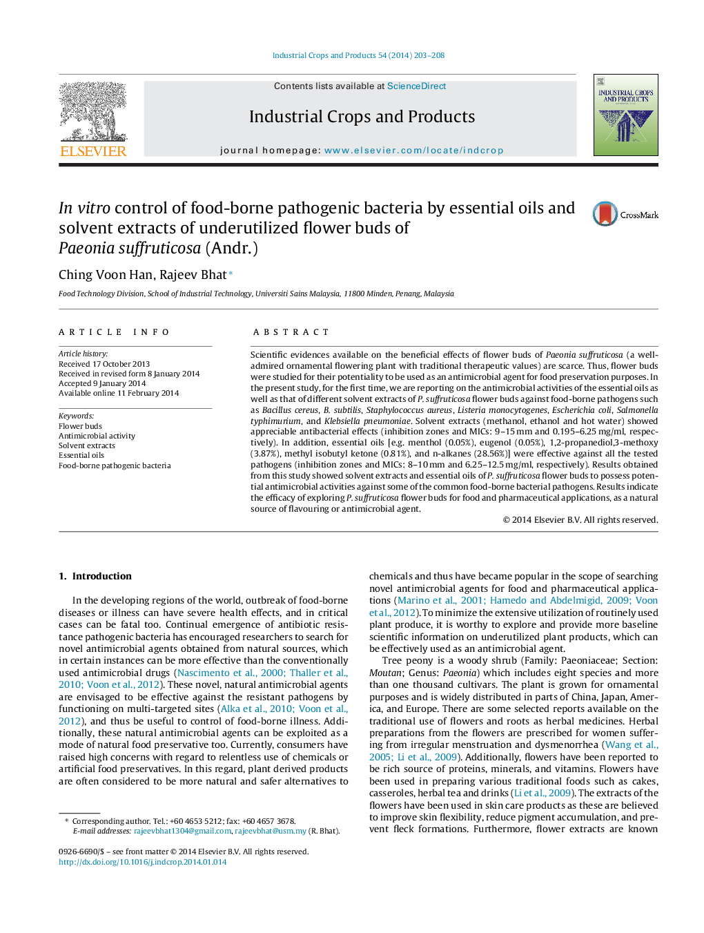 In vitro control of food-borne pathogenic bacteria by essential oils and solvent extracts of underutilized flower buds of Paeonia suffruticosa (Andr.)