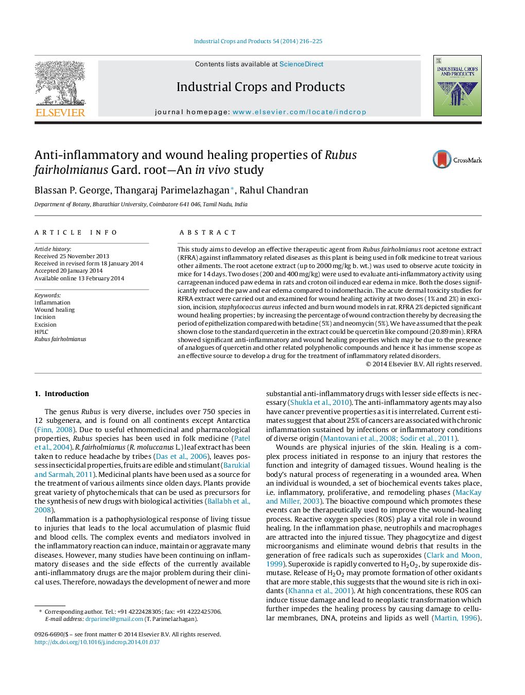 Anti-inflammatory and wound healing properties of Rubus fairholmianus Gard. root—An in vivo study