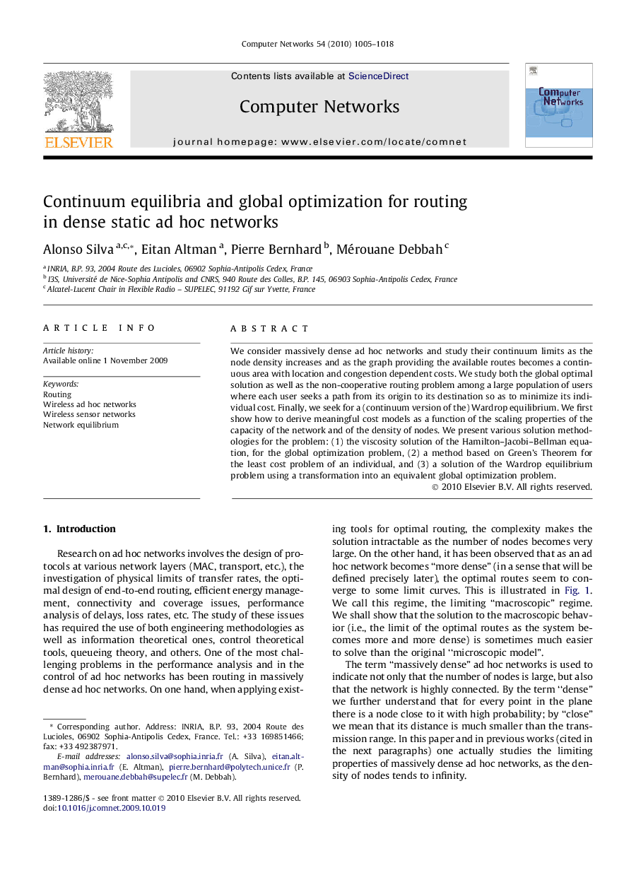 Continuum equilibria and global optimization for routing in dense static ad hoc networks