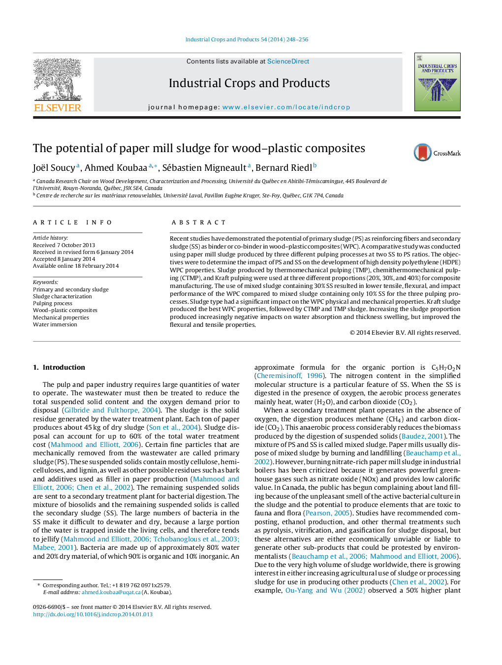 The potential of paper mill sludge for wood–plastic composites