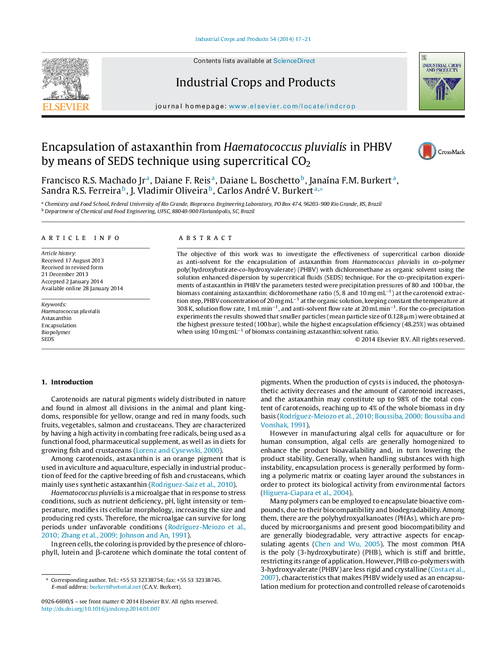 Encapsulation of astaxanthin from Haematococcus pluvialis in PHBV by means of SEDS technique using supercritical CO2