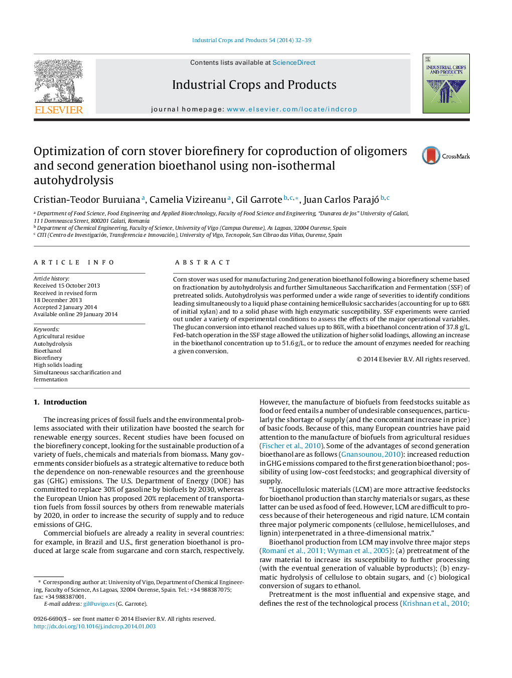 Optimization of corn stover biorefinery for coproduction of oligomers and second generation bioethanol using non-isothermal autohydrolysis