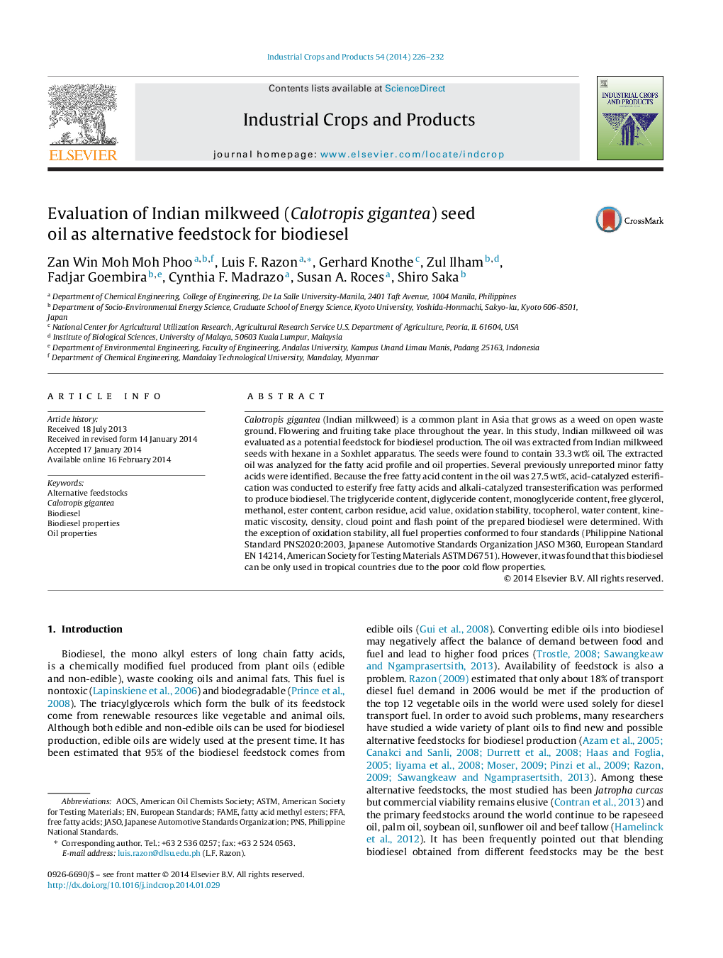 Evaluation of Indian milkweed (Calotropis gigantea) seed oil as alternative feedstock for biodiesel