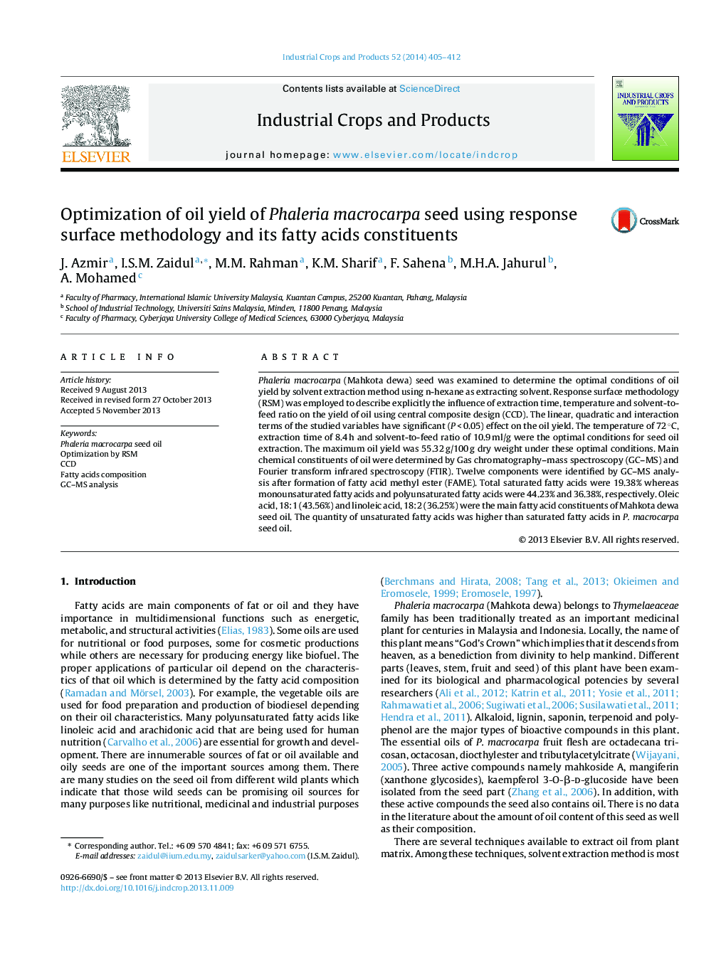 Optimization of oil yield of Phaleria macrocarpa seed using response surface methodology and its fatty acids constituents