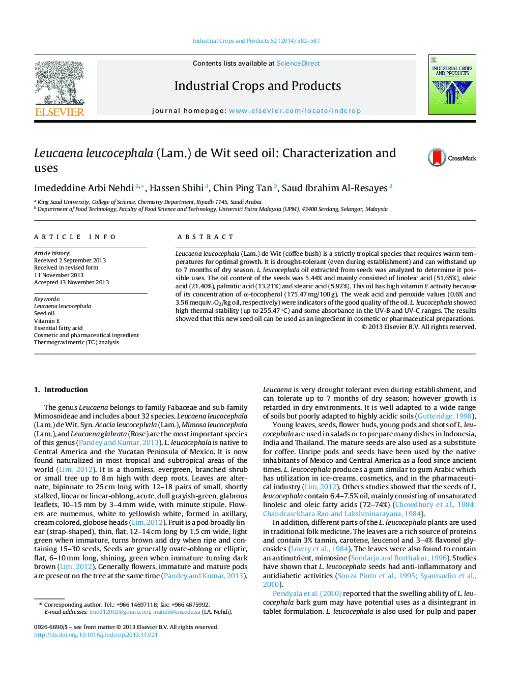 Leucaena leucocephala (Lam.) de Wit seed oil: Characterization and uses