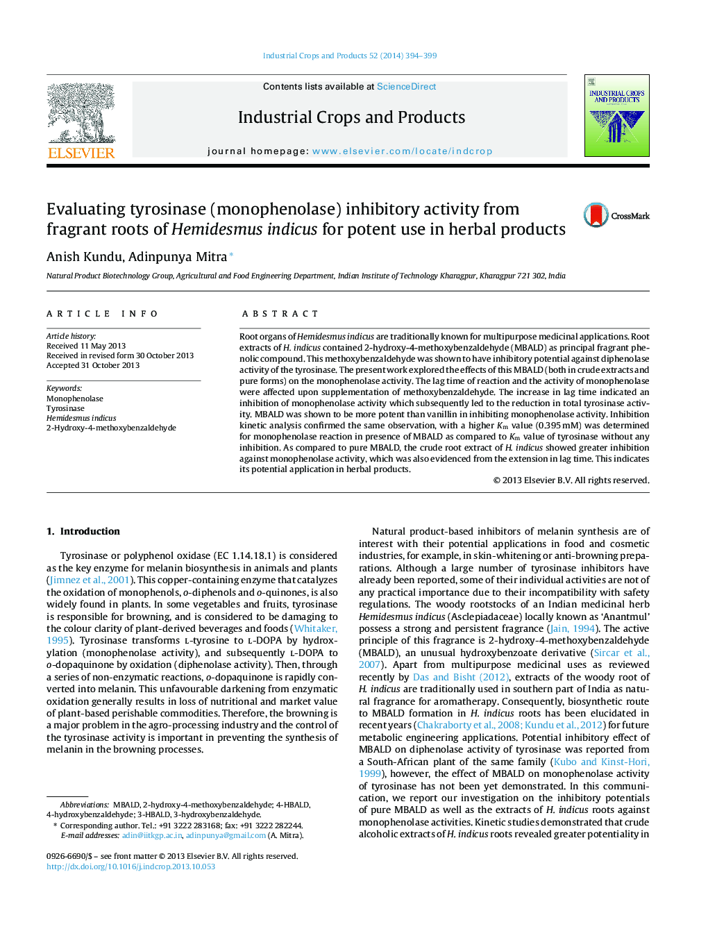 Evaluating tyrosinase (monophenolase) inhibitory activity from fragrant roots of Hemidesmus indicus for potent use in herbal products