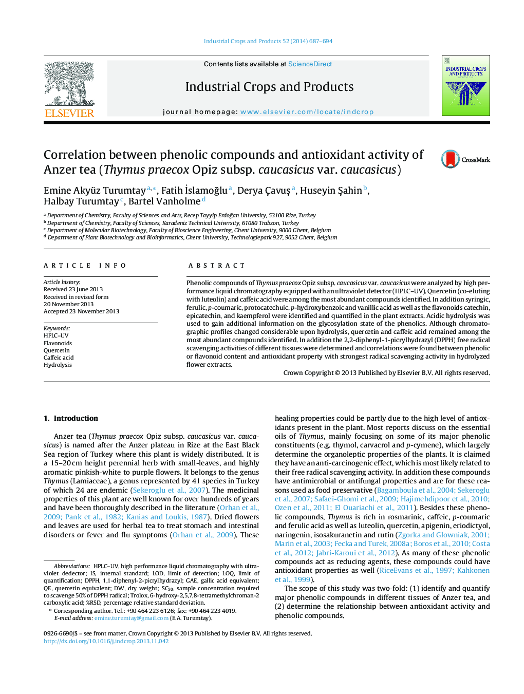 Correlation between phenolic compounds and antioxidant activity of Anzer tea (Thymus praecox Opiz subsp. caucasicus var. caucasicus)