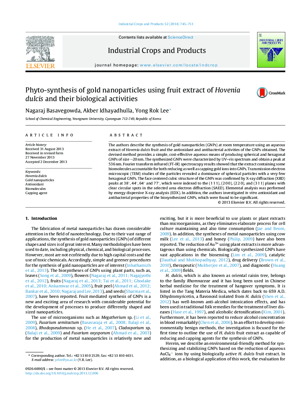 Phyto-synthesis of gold nanoparticles using fruit extract of Hovenia dulcis and their biological activities