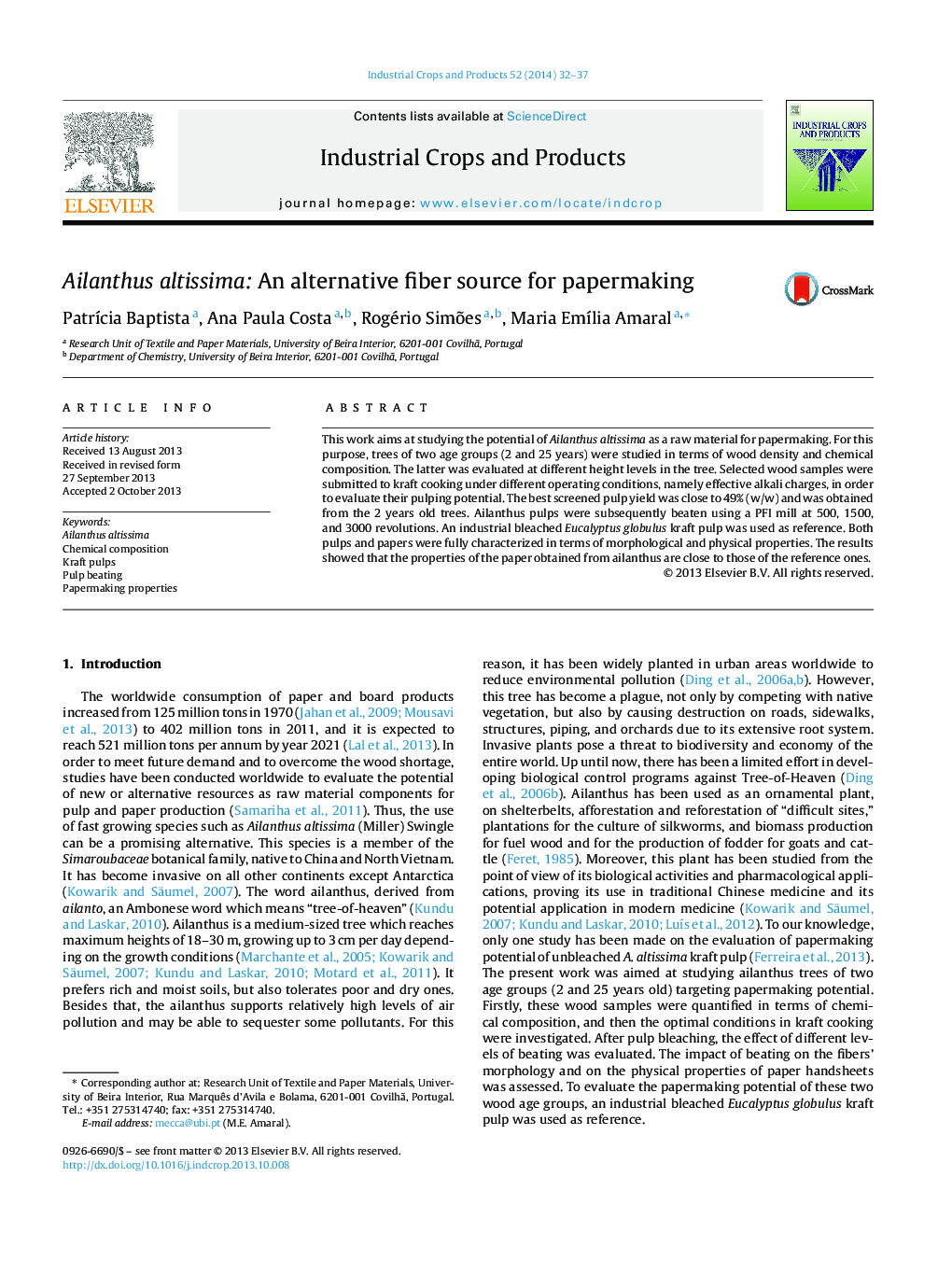 Ailanthus altissima: An alternative fiber source for papermaking