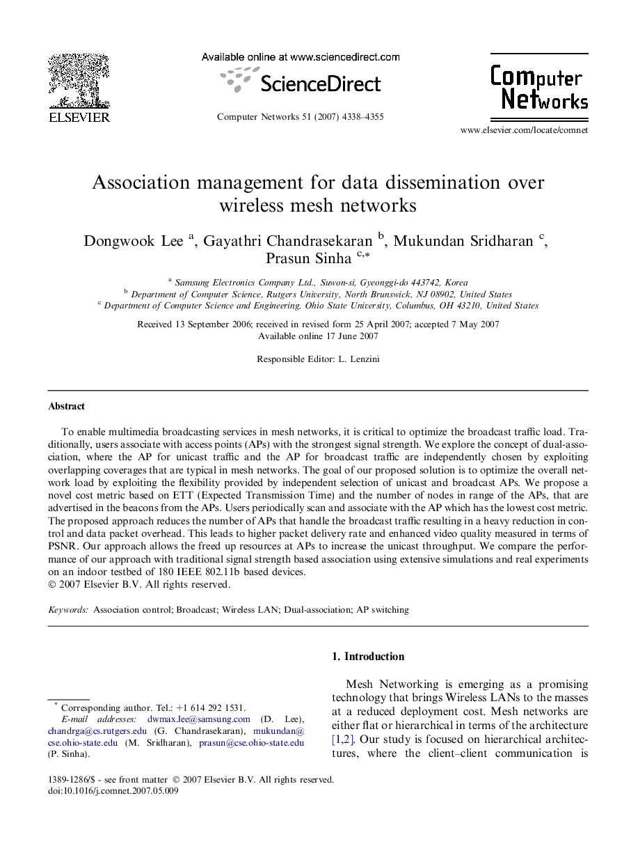 Association management for data dissemination over wireless mesh networks