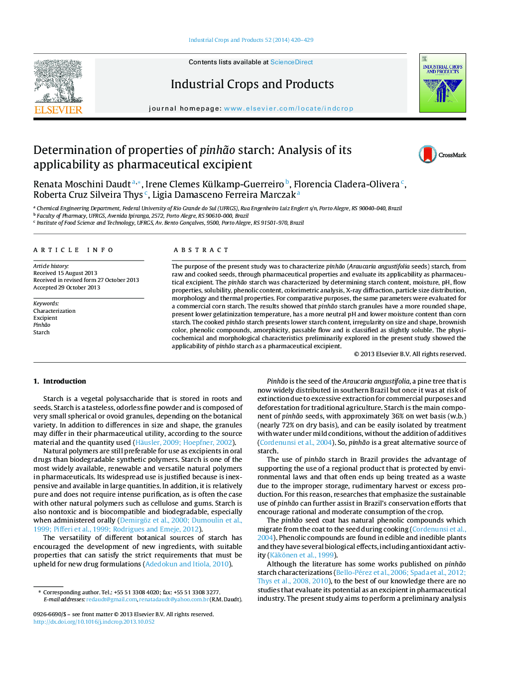 Determination of properties of pinhão starch: Analysis of its applicability as pharmaceutical excipient