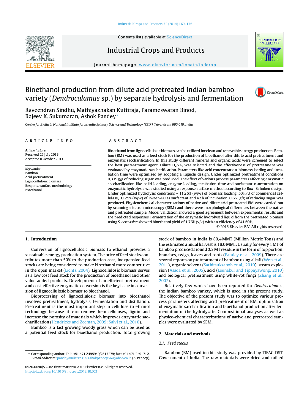 Bioethanol production from dilute acid pretreated Indian bamboo variety (Dendrocalamus sp.) by separate hydrolysis and fermentation