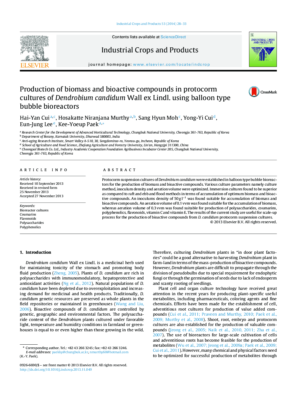 Production of biomass and bioactive compounds in protocorm cultures of Dendrobium candidum Wall ex Lindl. using balloon type bubble bioreactors