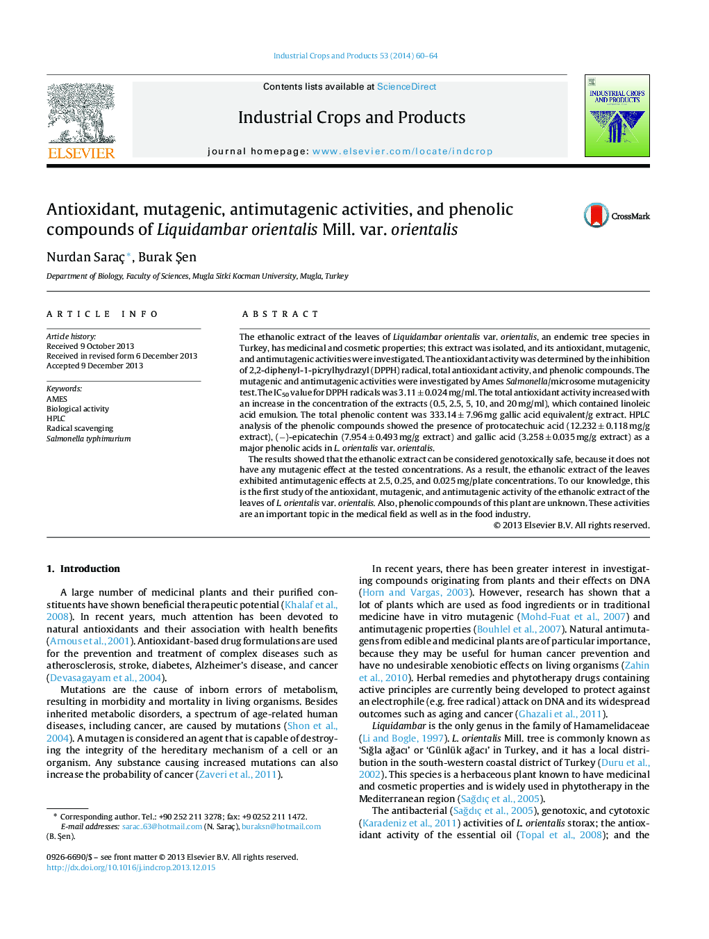 Antioxidant, mutagenic, antimutagenic activities, and phenolic compounds of Liquidambar orientalis Mill. var. orientalis