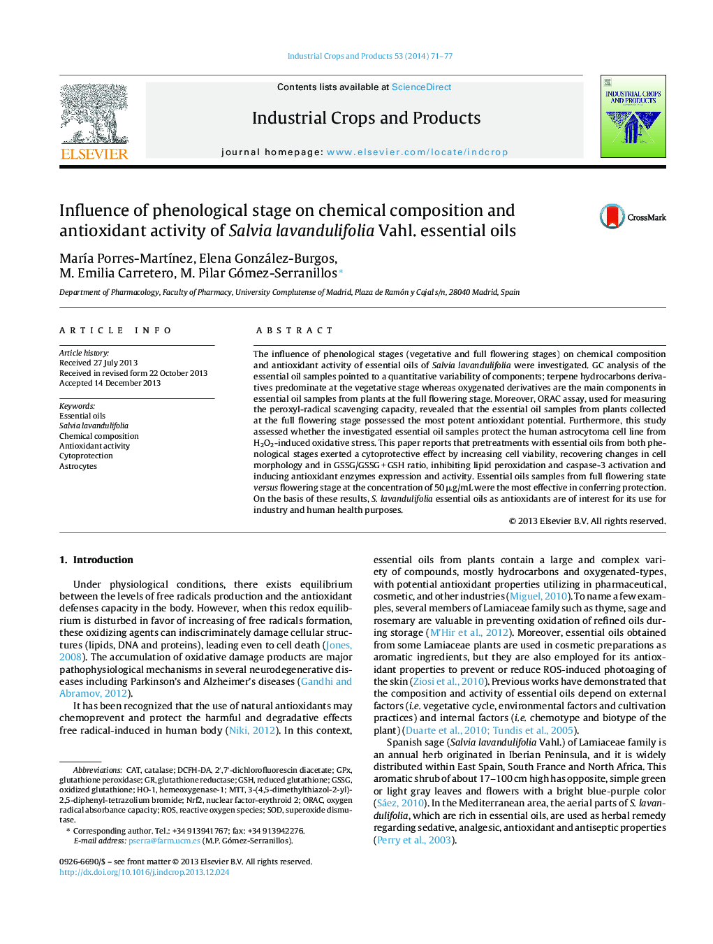 Influence of phenological stage on chemical composition and antioxidant activity of Salvia lavandulifolia Vahl. essential oils