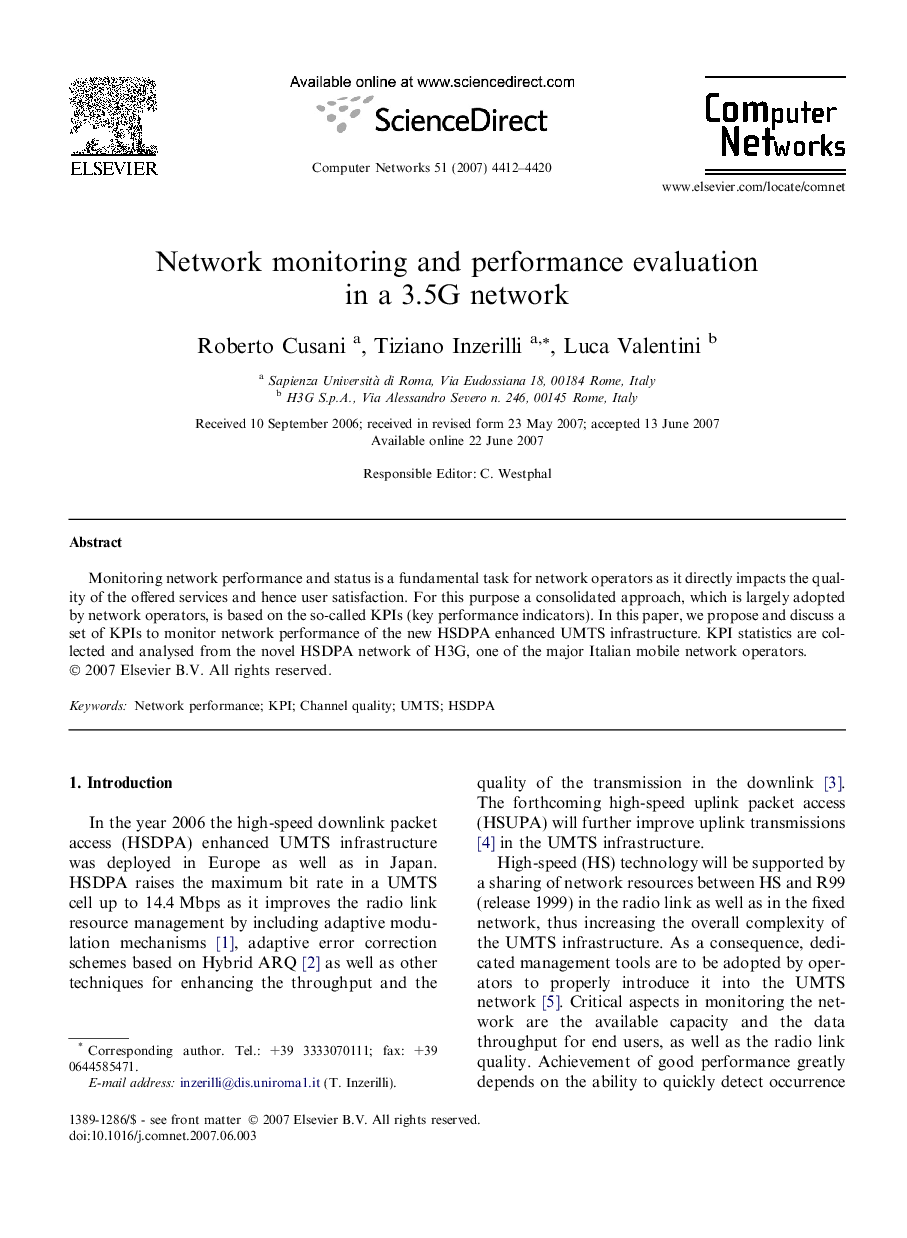 Network monitoring and performance evaluation in a 3.5G network