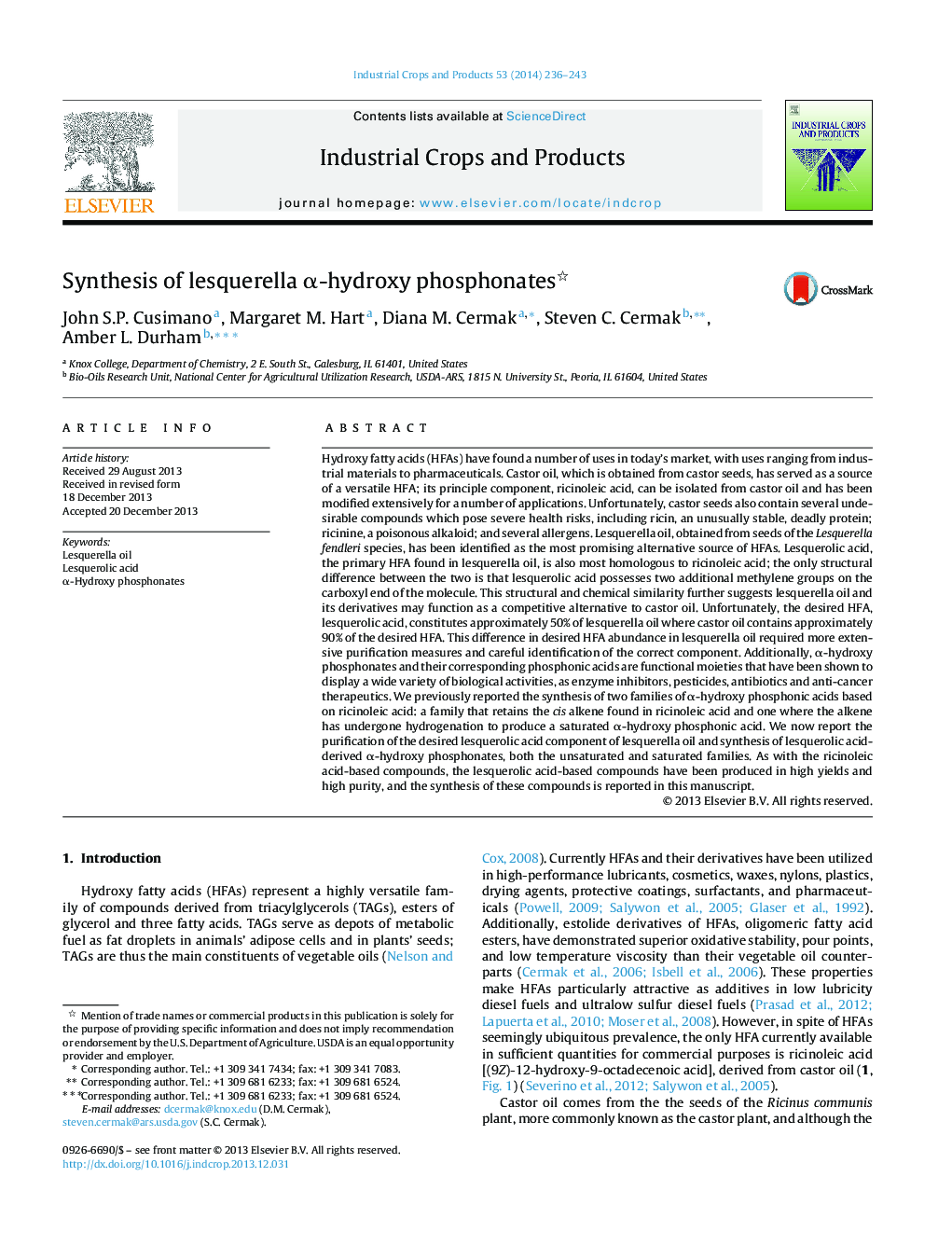 Synthesis of lesquerella α-hydroxy phosphonates 