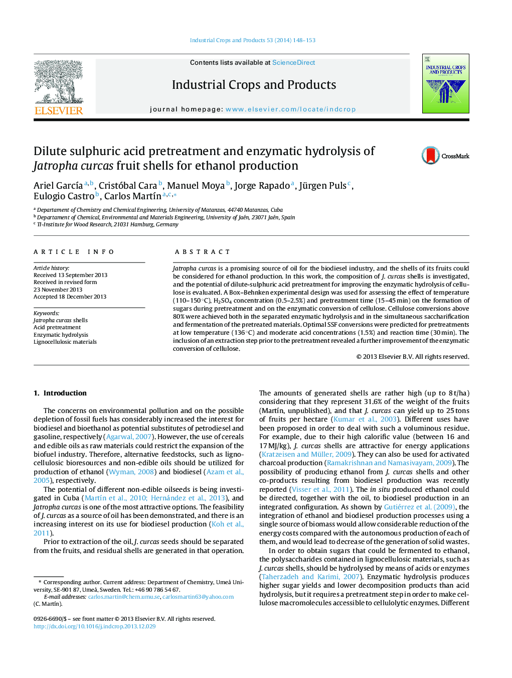 Dilute sulphuric acid pretreatment and enzymatic hydrolysis of Jatropha curcas fruit shells for ethanol production