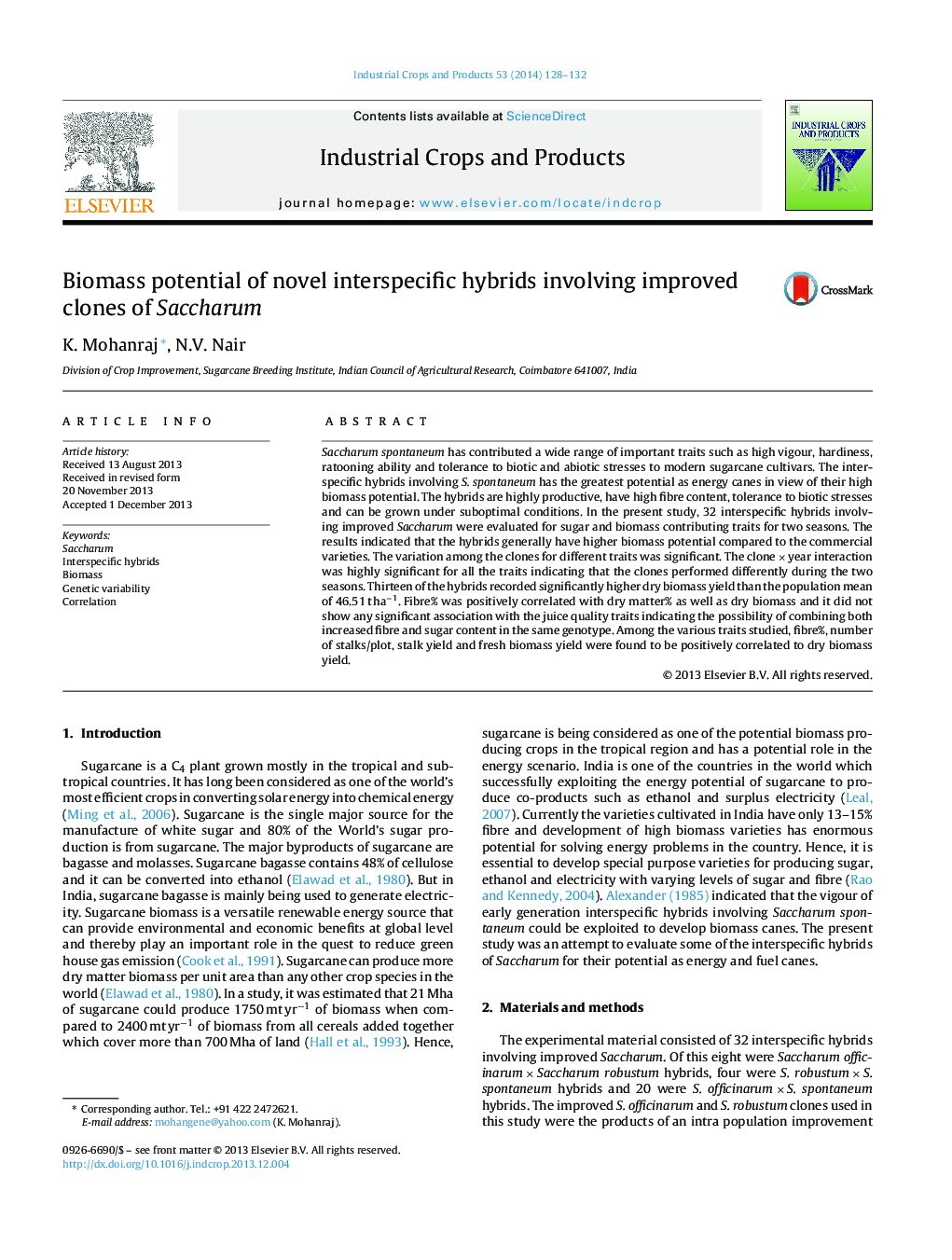 Biomass potential of novel interspecific hybrids involving improved clones of Saccharum