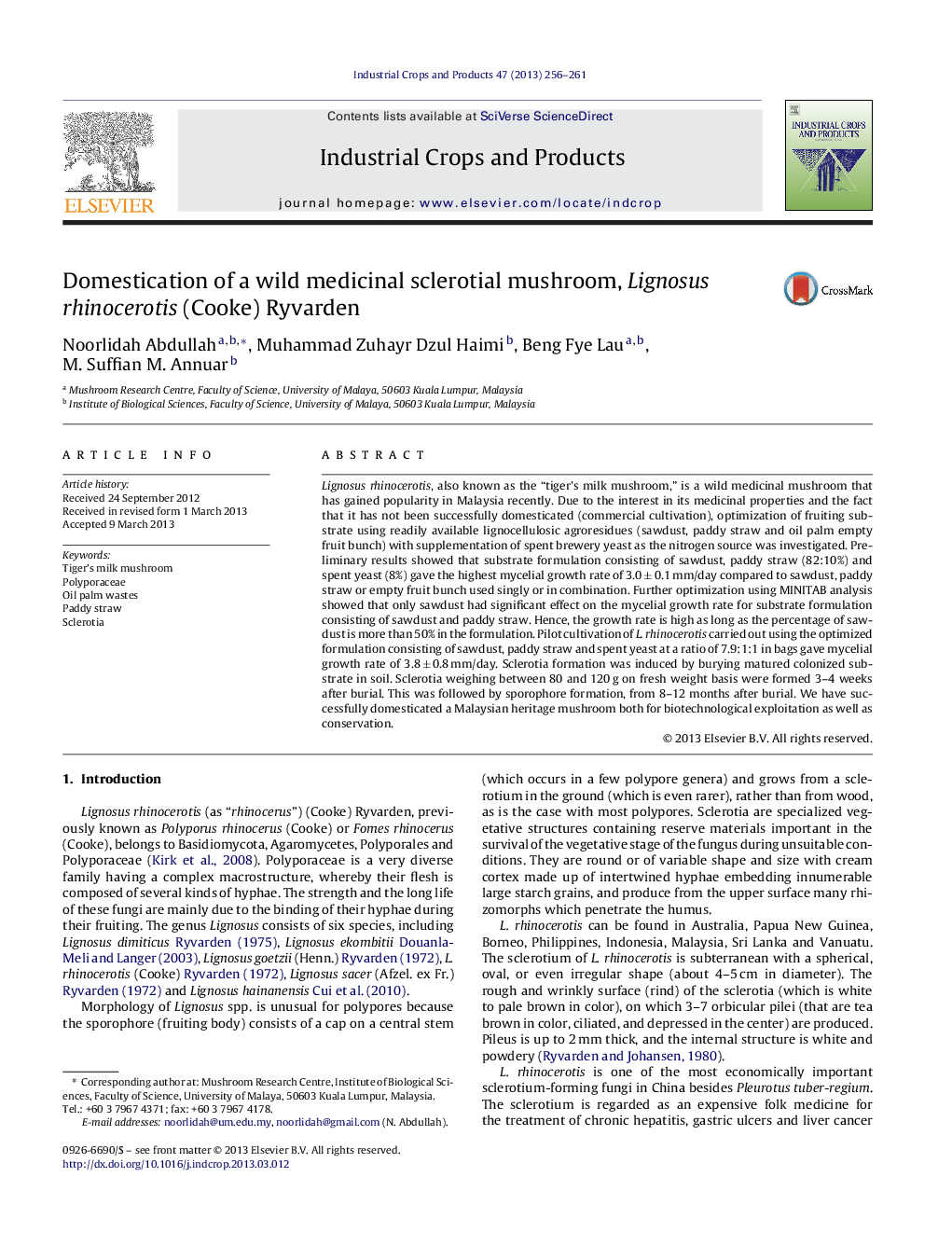 Domestication of a wild medicinal sclerotial mushroom, Lignosus rhinocerotis (Cooke) Ryvarden