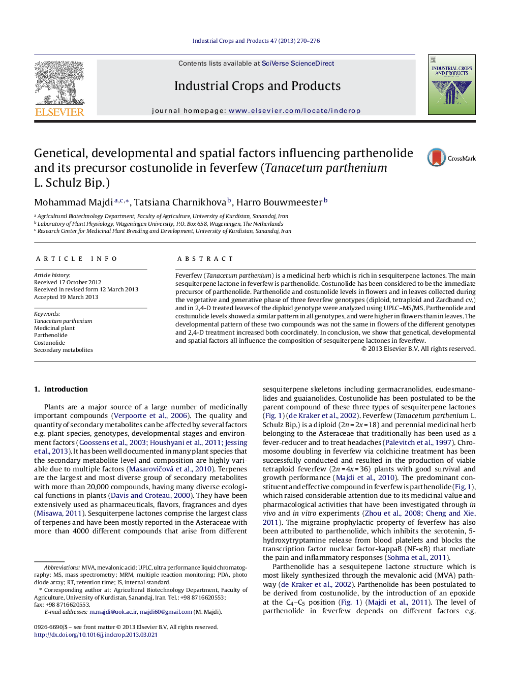 Genetical, developmental and spatial factors influencing parthenolide and its precursor costunolide in feverfew (Tanacetum parthenium L. Schulz Bip.)