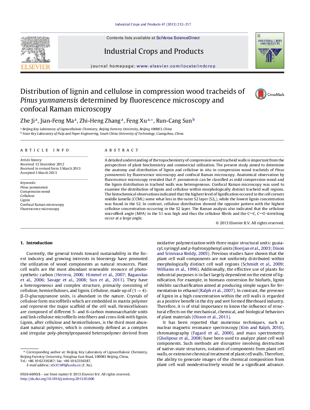 Distribution of lignin and cellulose in compression wood tracheids of Pinus yunnanensis determined by fluorescence microscopy and confocal Raman microscopy