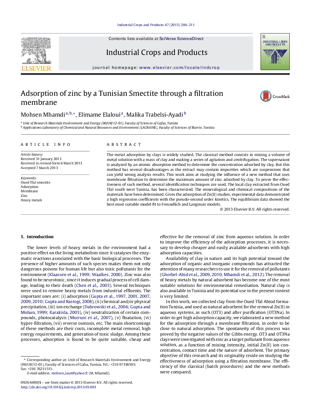 Adsorption of zinc by a Tunisian Smectite through a filtration membrane