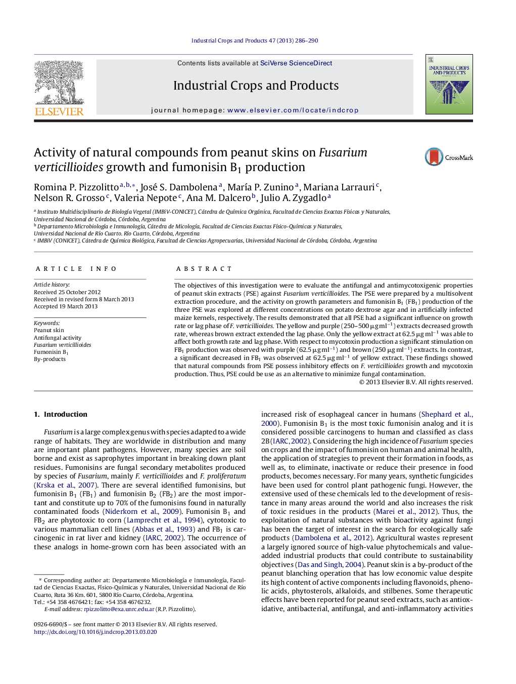 Activity of natural compounds from peanut skins on Fusarium verticillioides growth and fumonisin B1 production