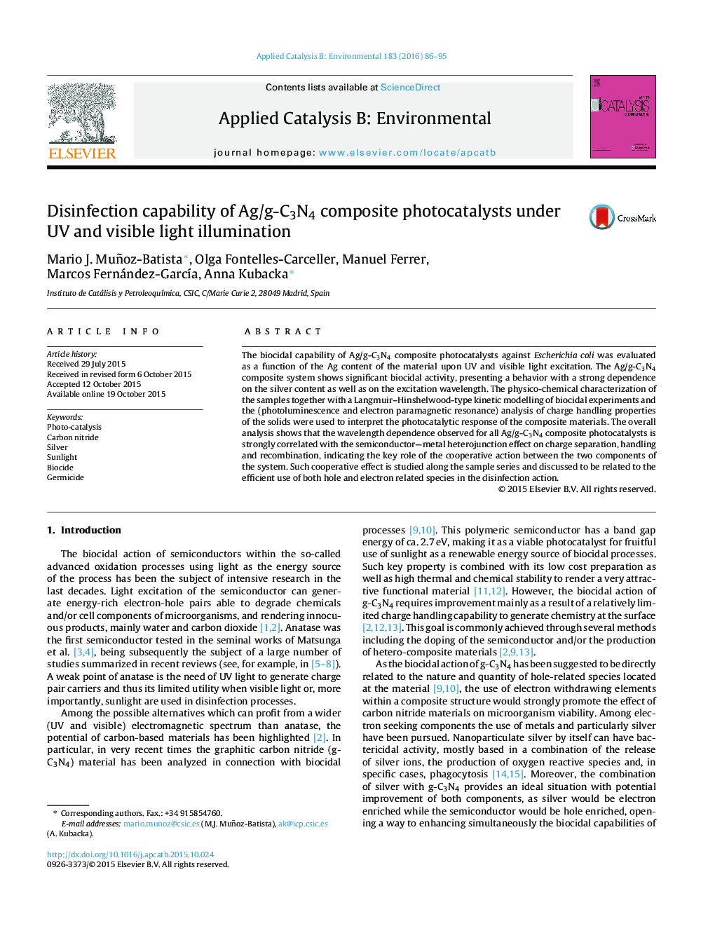 Disinfection capability of Ag/g-C3N4 composite photocatalysts under UV and visible light illumination