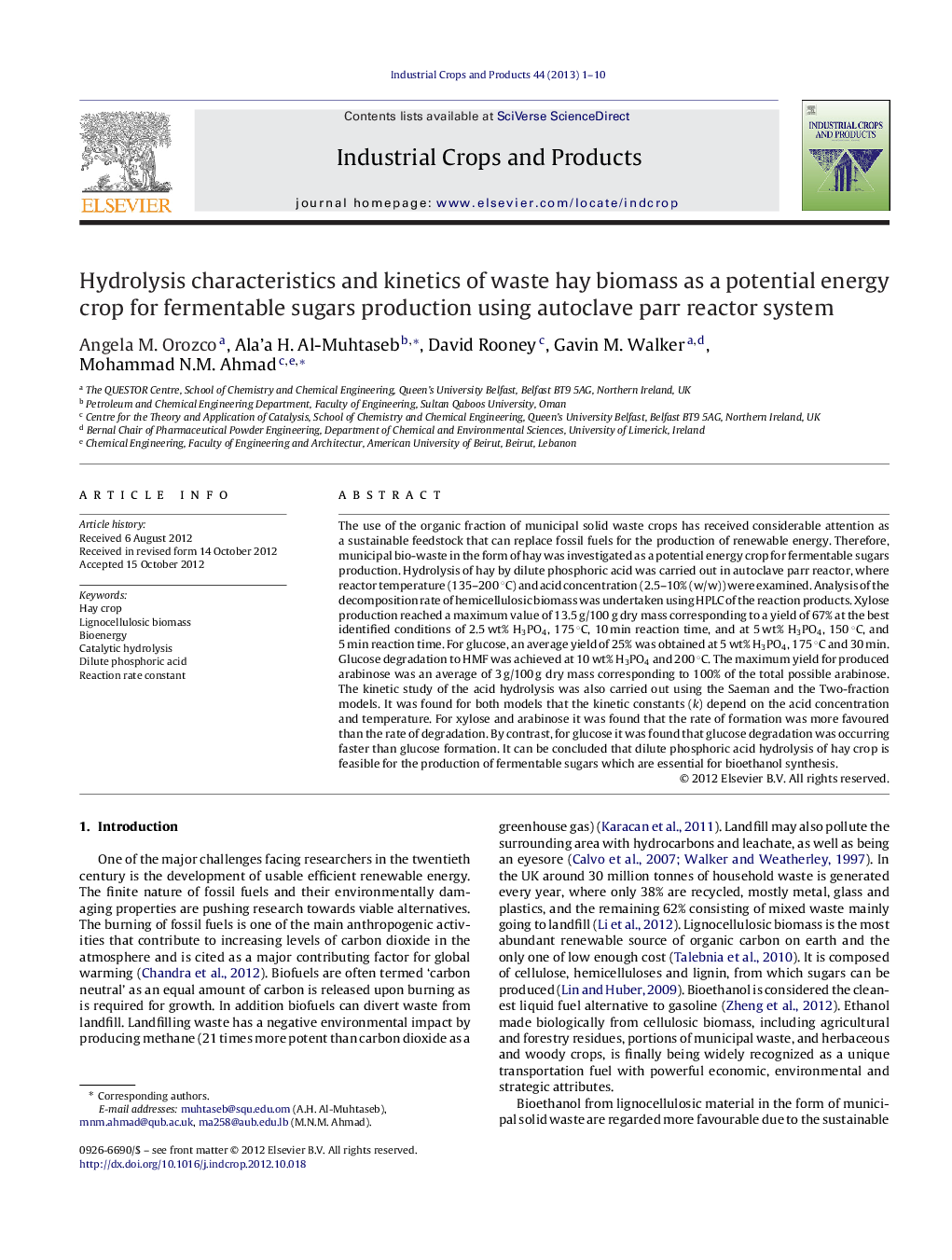 Hydrolysis characteristics and kinetics of waste hay biomass as a potential energy crop for fermentable sugars production using autoclave parr reactor system