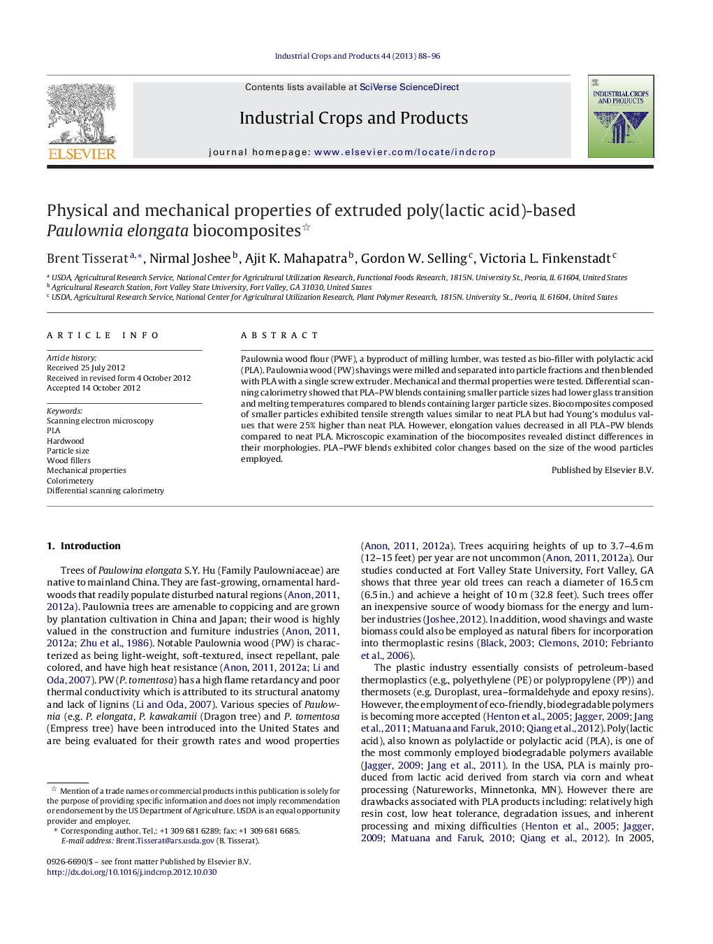 Physical and mechanical properties of extruded poly(lactic acid)-based Paulownia elongata biocomposites 