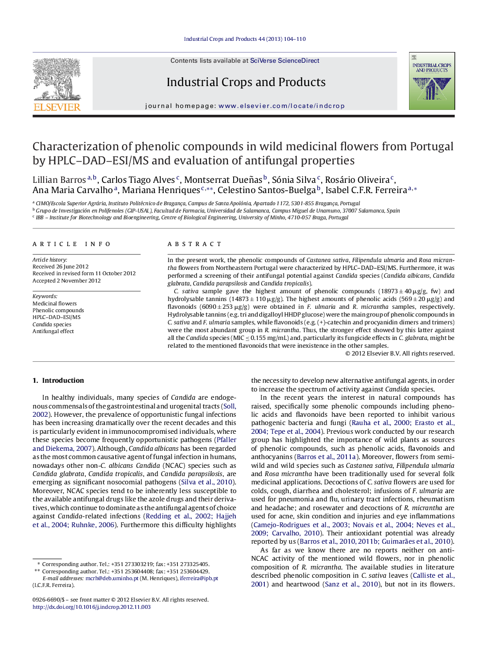 Characterization of phenolic compounds in wild medicinal flowers from Portugal by HPLC–DAD–ESI/MS and evaluation of antifungal properties