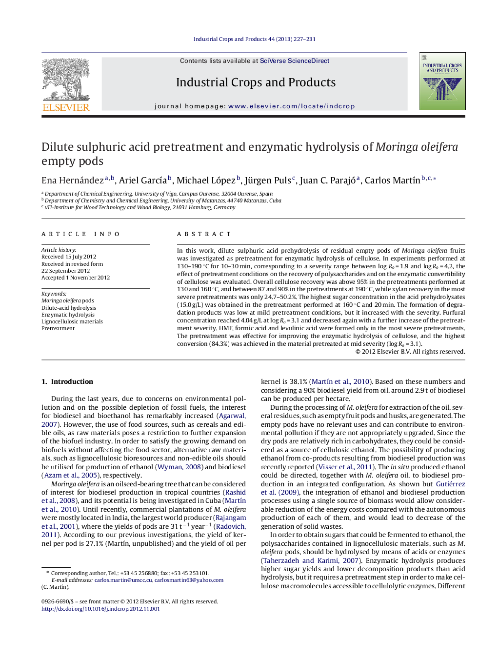 Dilute sulphuric acid pretreatment and enzymatic hydrolysis of Moringa oleifera empty pods